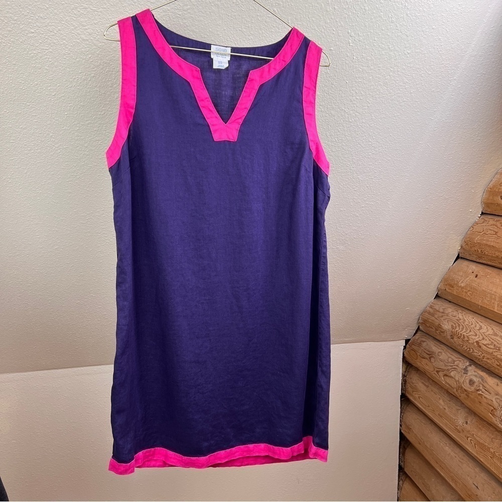 SIGRID OLSEN 100% Linen Pink & Navy Sleeveless Shift Dress. Size Medium